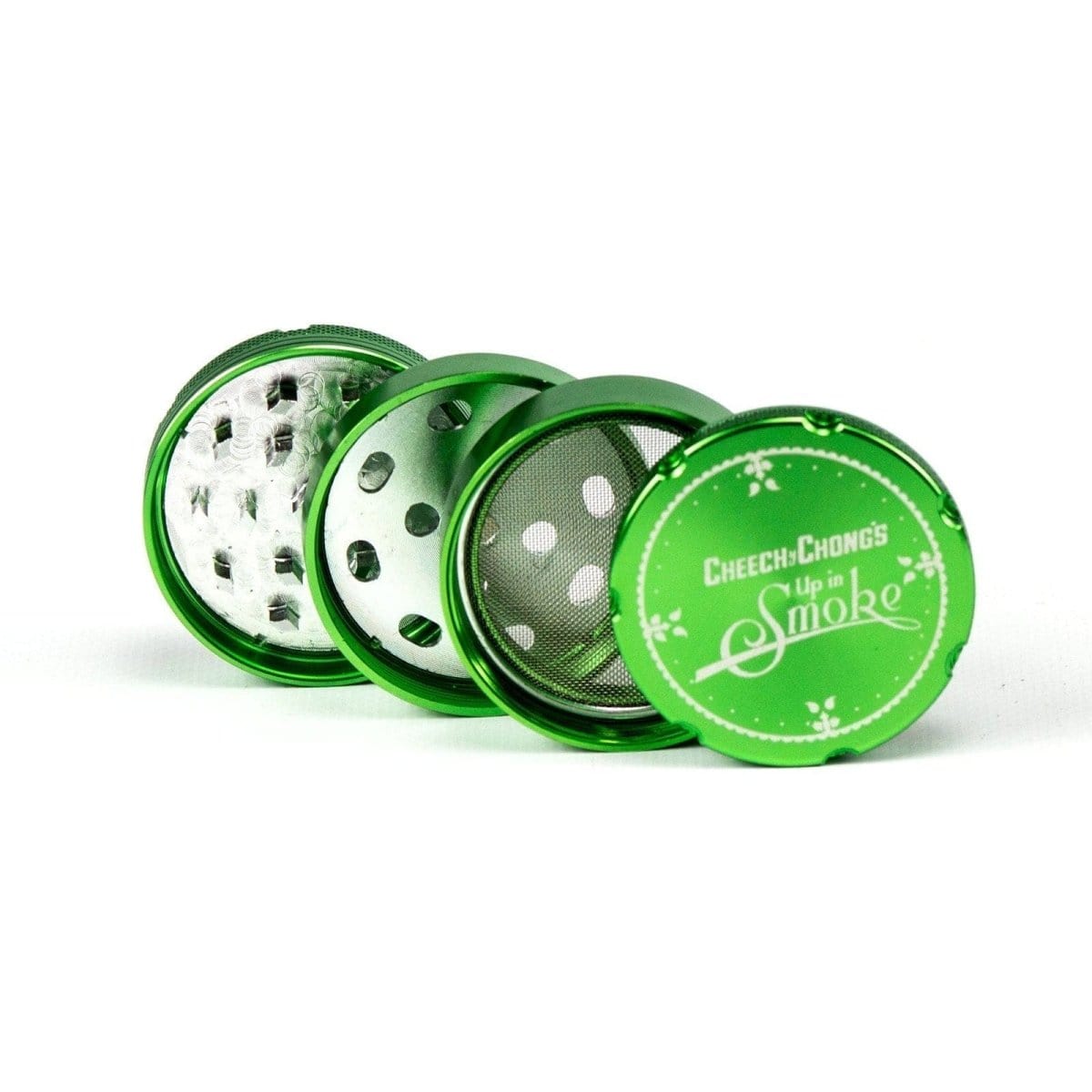 A top-down view of the Famous X Up In Smoke 50mm 4-Piece Grinder, showcasing its metallic, four-tiered construction.