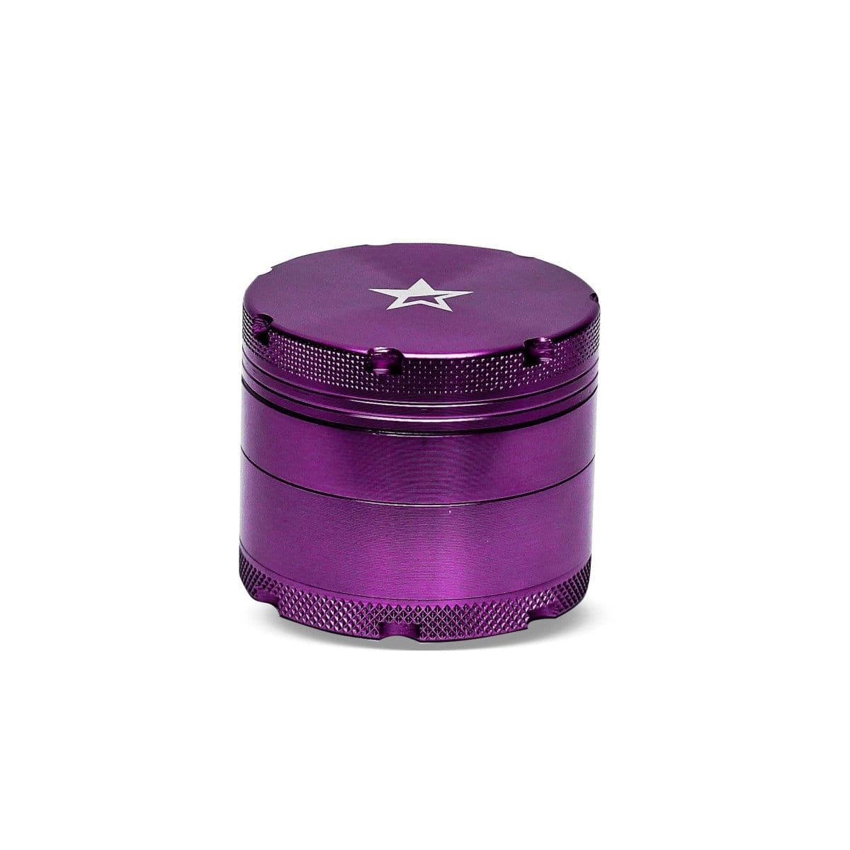 A close-up, angled view of the Famous X 50mm 4-Piece Aluminum Grinder with a metallic purple finish.