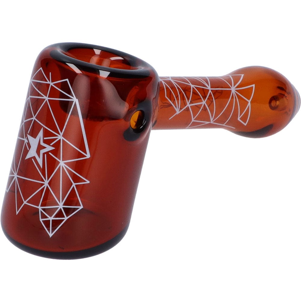 A side view of the Space 5” Hammer Pipe, featuring a geometric pattern on its brown glass body.