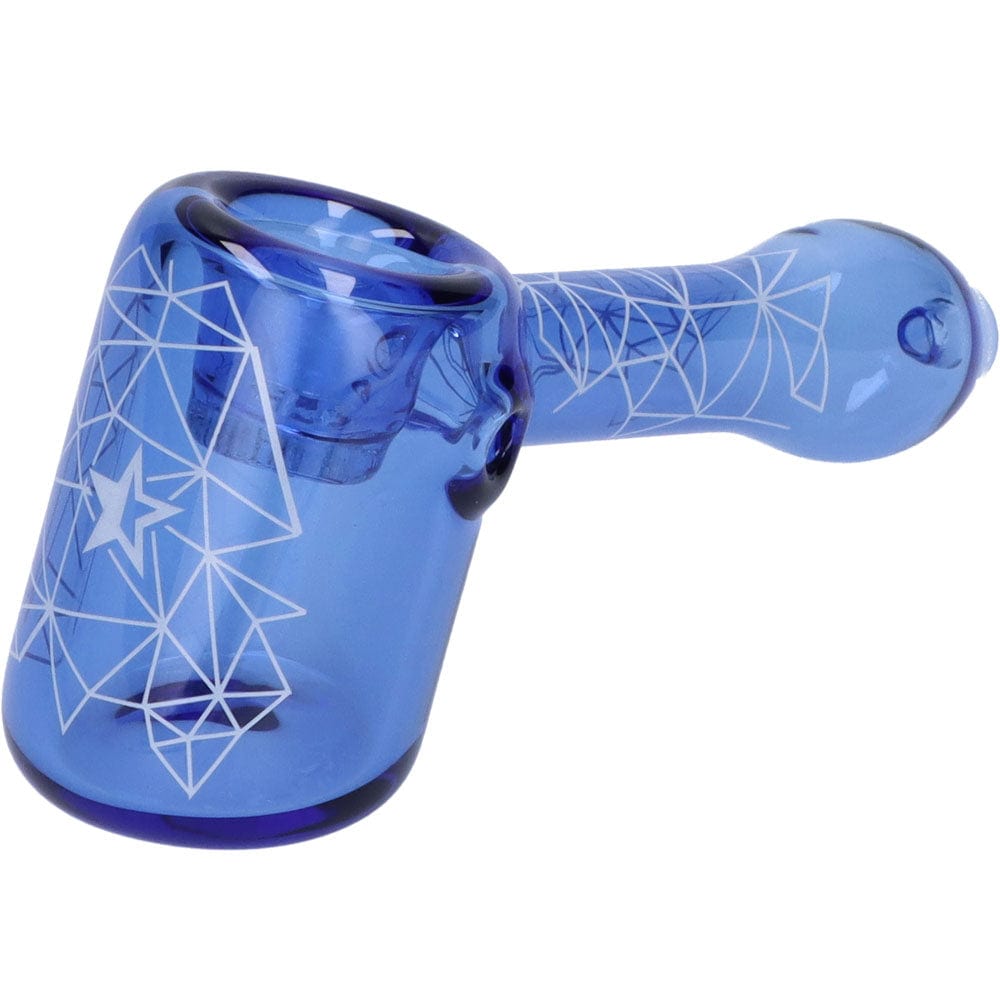 Front view of the Space 5” Hammer Pipe, a blue glass pipe with geometric patterns and a rounded bowl.
