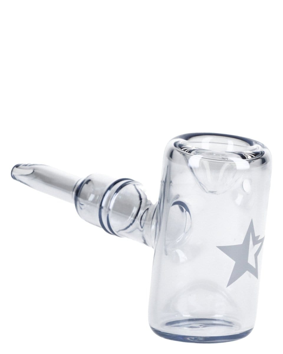 A detailed side view of the Chrome Famous X Fumed Large Sherlock Pipe, showcasing its curved design and smoky glass finish.