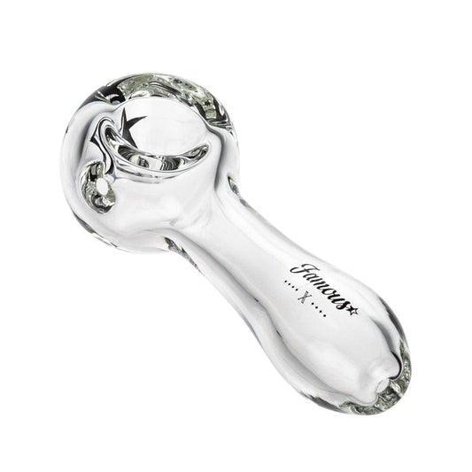 A top-down view of the Famous X 4" Spoon Pipe, showing the curved glass bowl and smooth, simple design.