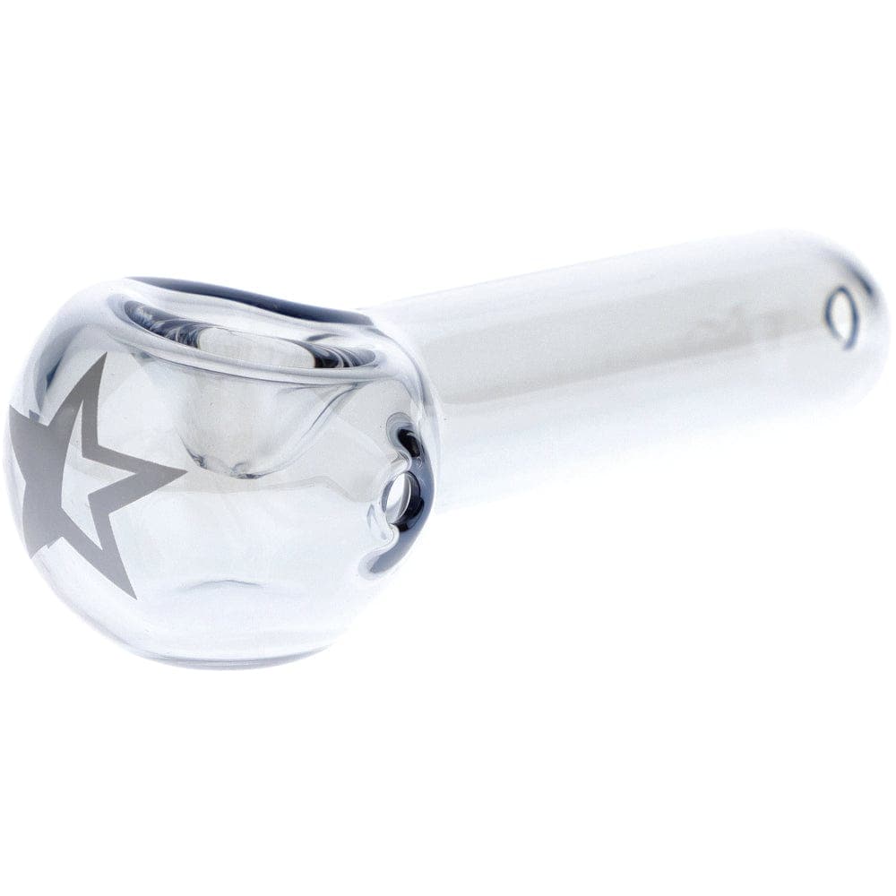 A side view of the Famous X 3" Chrome Fumed Spoon Hand Pipe, showcasing its curved design and glossy finish.