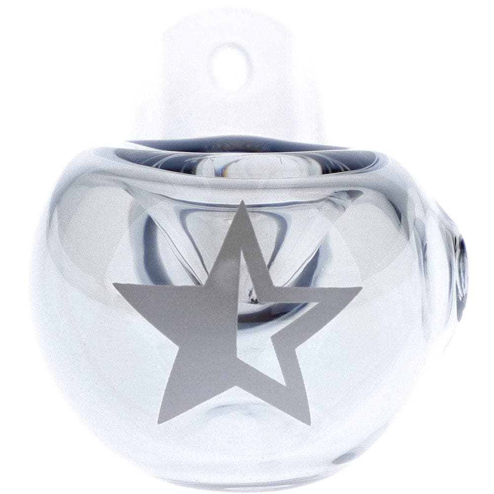 Front view of the Famous X 3" Chrome Fumed Spoon Hand Pipe, showing a sleek, silver glass pipe with a curved bowl.