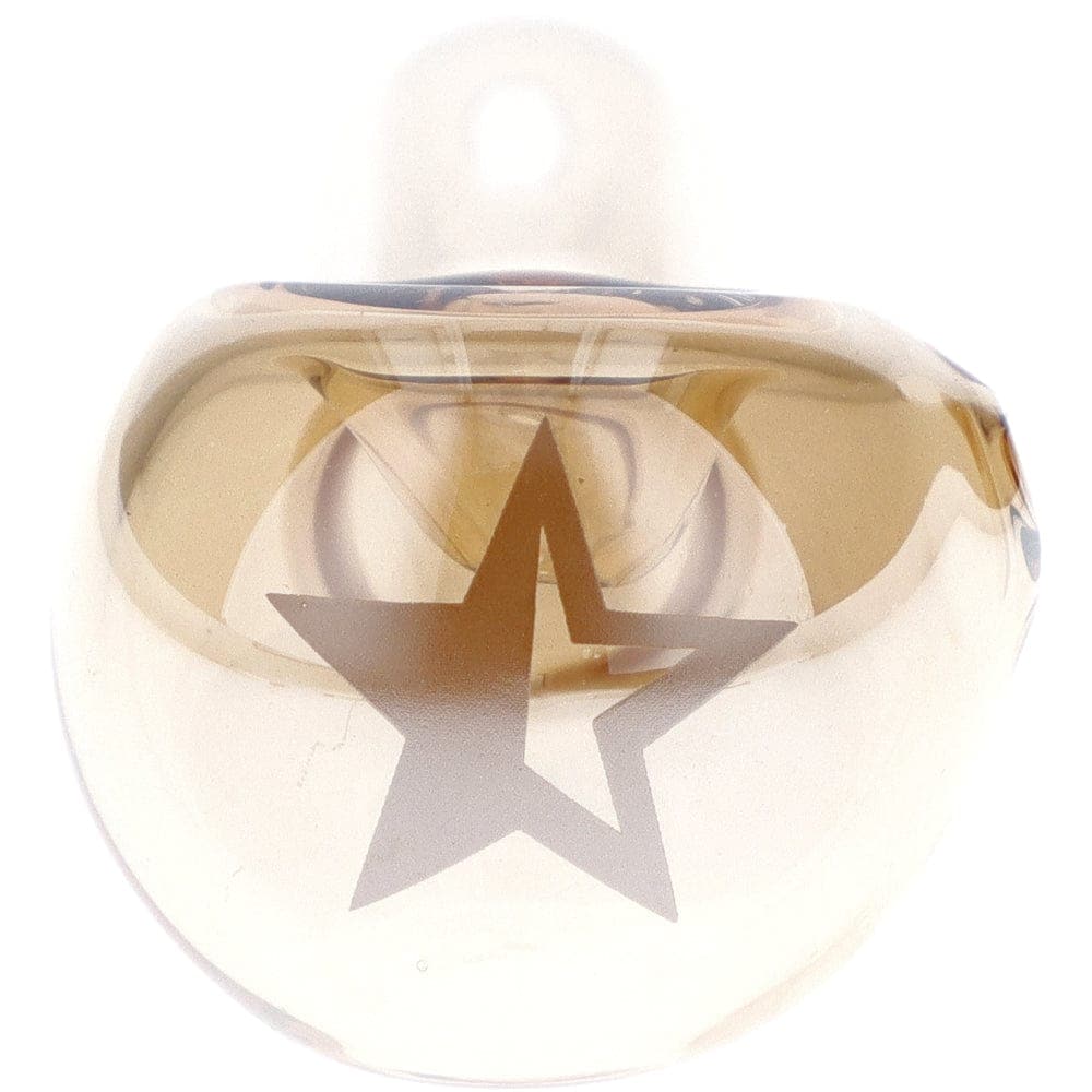 A close-up, angled view of the Famous X 3" Gold Fumed Spoon Hand Pipe, showcasing its curved design and gold-fumed glass.