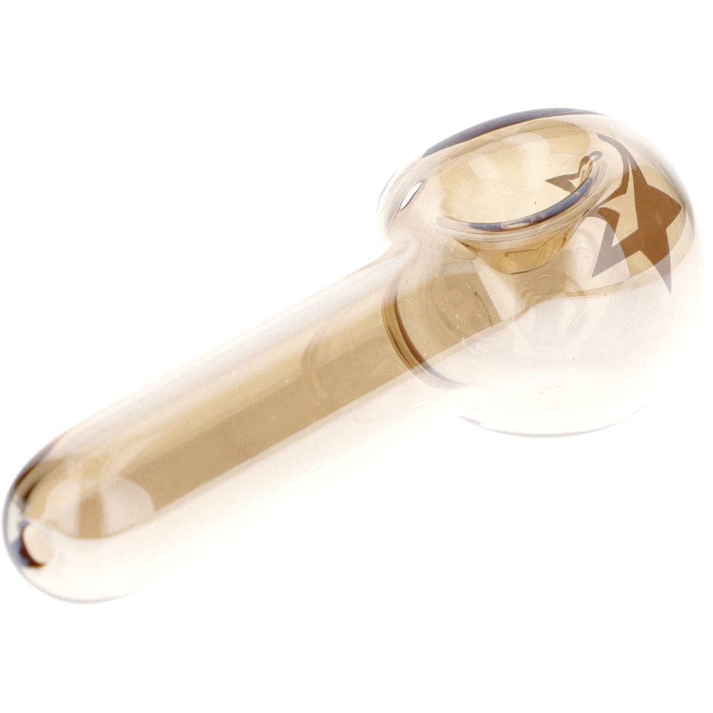 A side view of the Famous X 3" Gold Fumed Spoon Hand Pipe, showing the curved glass design and gold accents.