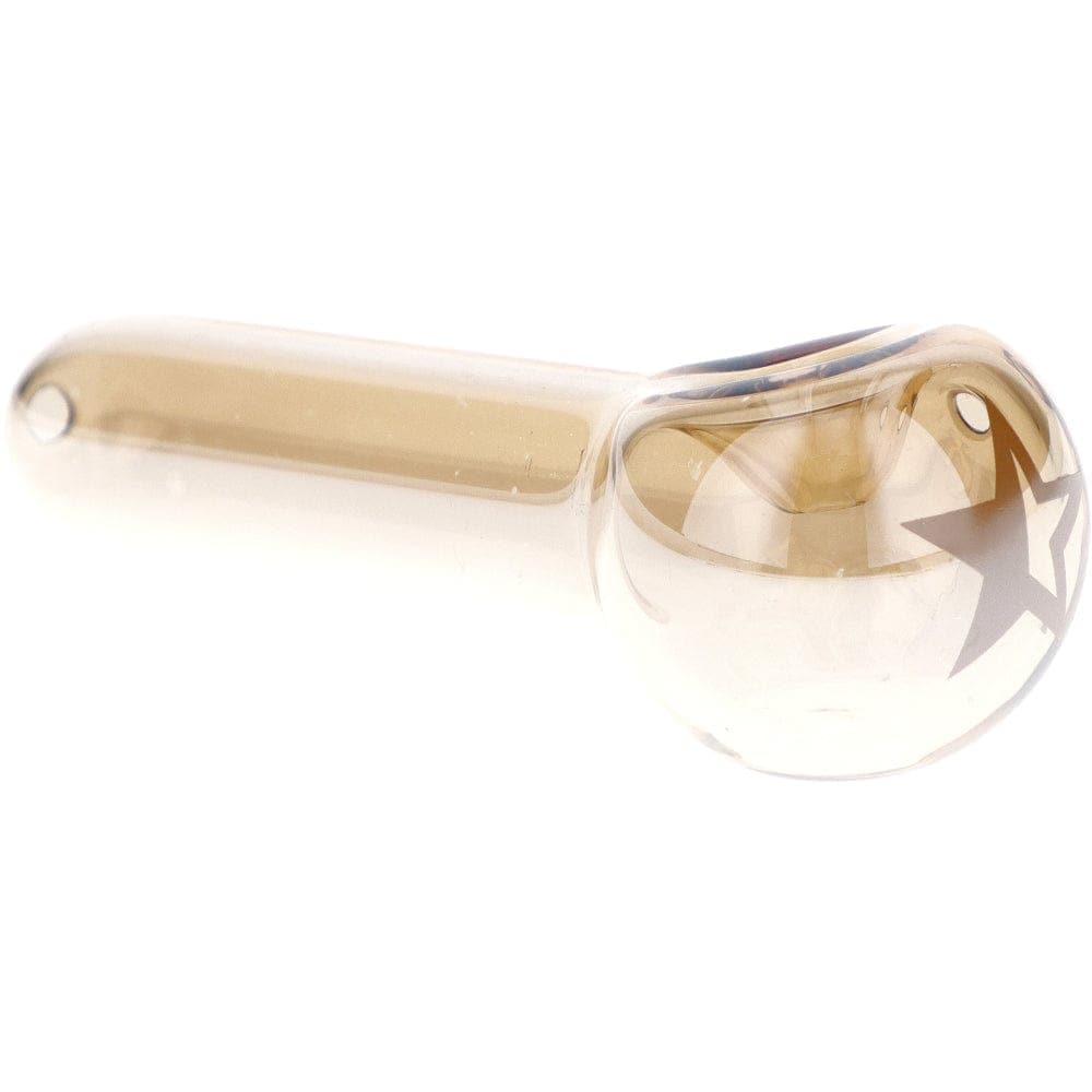 A side view of the Famous X 3" Gold Fumed Spoon Hand Pipe, showcasing its curved shape and golden sheen.