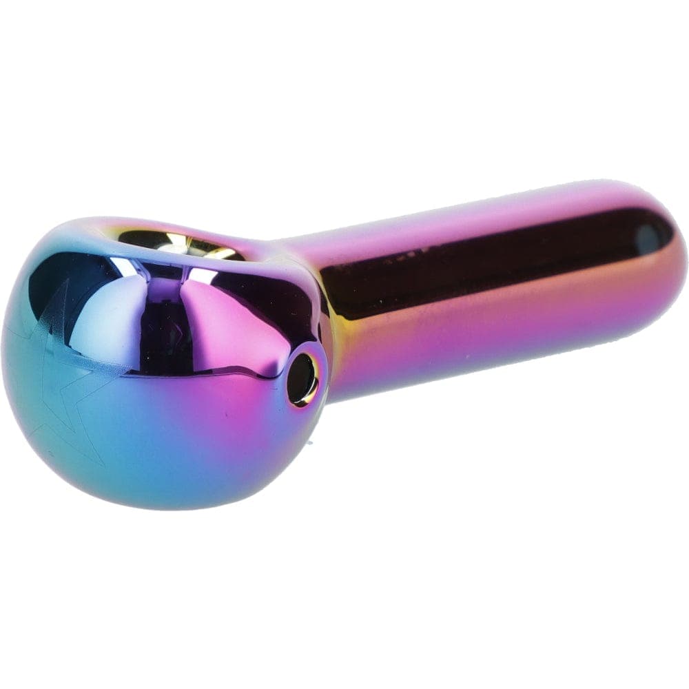 A three-inch Famous X Rainbow Prism Fumed Spoon Hand Pipe is shown in a close-up, angled view with vibrant rainbow coloring.