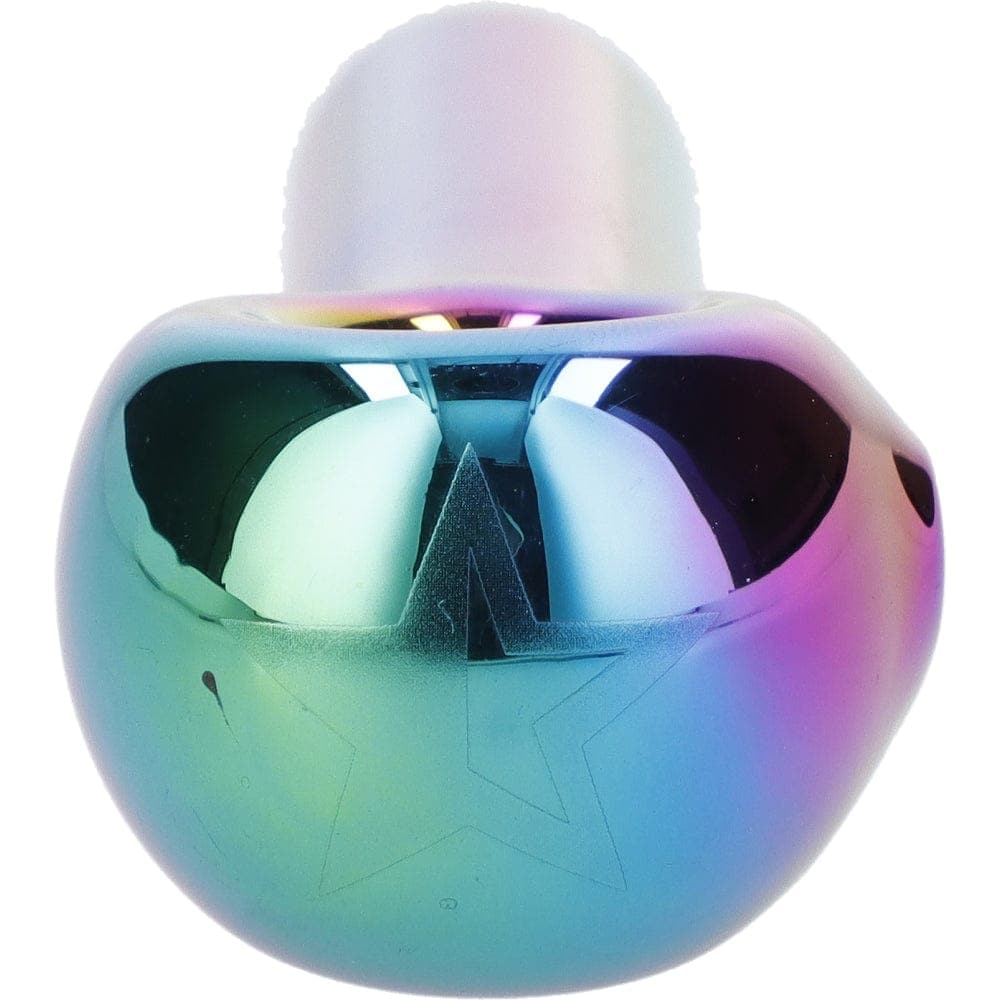 A close-up, angled view of the Famous X 3" Rainbow Prism Fumed Spoon Hand Pipe, displaying its colorful, iridescent glass finish.