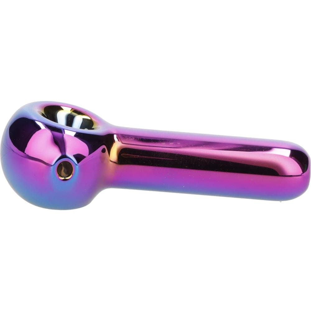 A side view of the Famous X 3" Rainbow Prism Fumed Spoon Hand Pipe, showcasing its iridescent sheen and curved design.