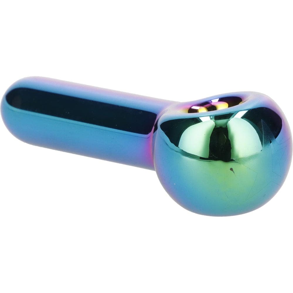 A close-up, angled view of the Famous X 3" Rainbow Prism Fumed Spoon Hand Pipe, showcasing its colorful, iridescent glass finish.