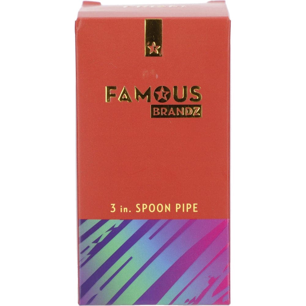 Front view of the Famous X 3" Rainbow Prism Fumed Spoon Hand Pipe, showing a colorful, iridescent glass pipe.