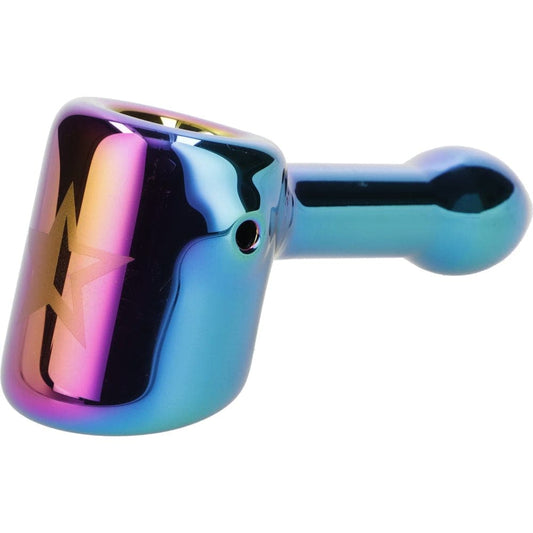 A close-up, angled view of the Famous X 4" Prism Fumed Hammer Pipe, showcasing its colorful, iridescent glass finish.
