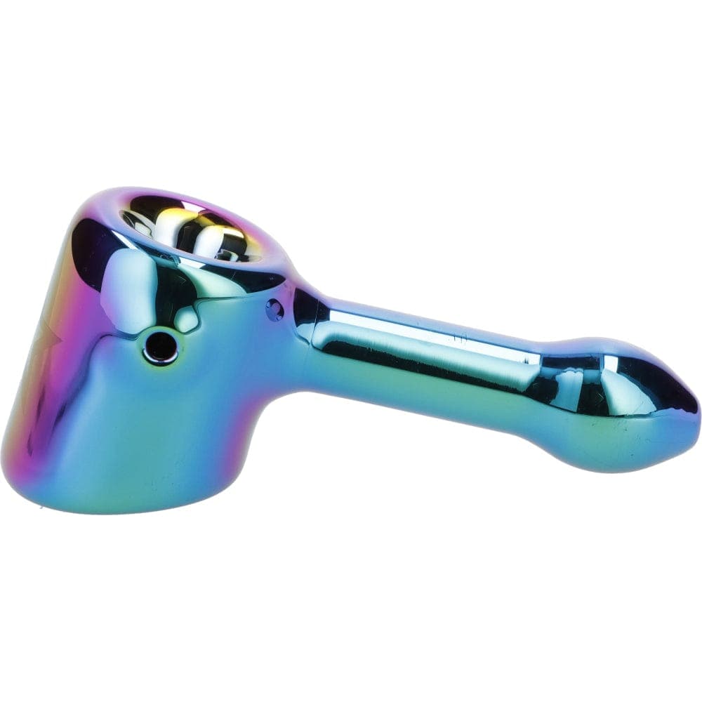 A side view of the Famous X 4" Prism Fumed Hammer Pipe, showcasing its colorful, fumed glass construction.