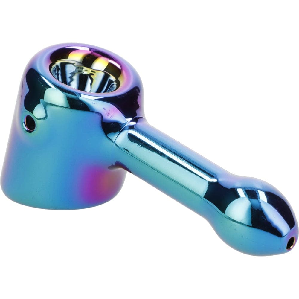 A side view of the Famous X 4" Prism Fumed Hammer Pipe, showing its colorful, fumed glass construction and curved design.