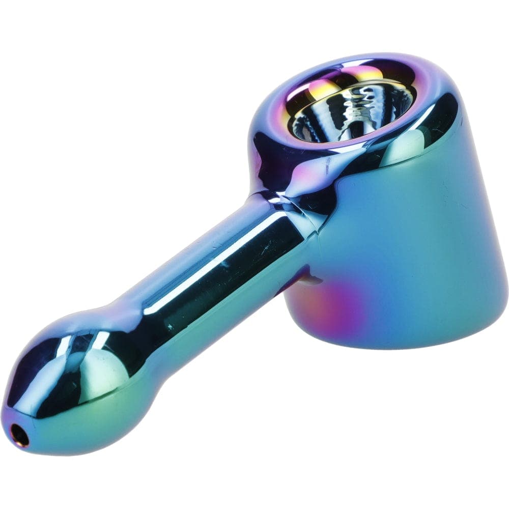 A close-up, angled view of the Famous X 4" Prism Fumed Hammer Pipe, showing its iridescent glass finish.