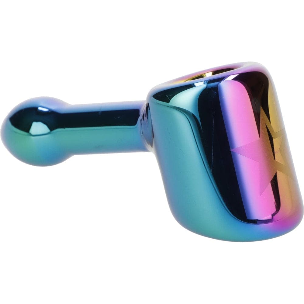 A side view of the Famous X 4" Prism Fumed Hammer Pipe, showcasing its vibrant, colorful glass finish.