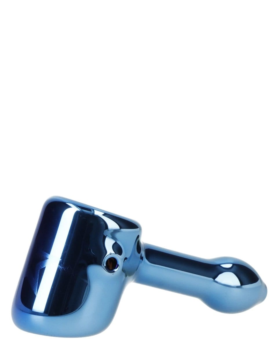 A side view of the Famous X 4" Sapphire Fumed Hammer Pipe, showcasing its curved shape and vibrant blue hue against a plain white background.