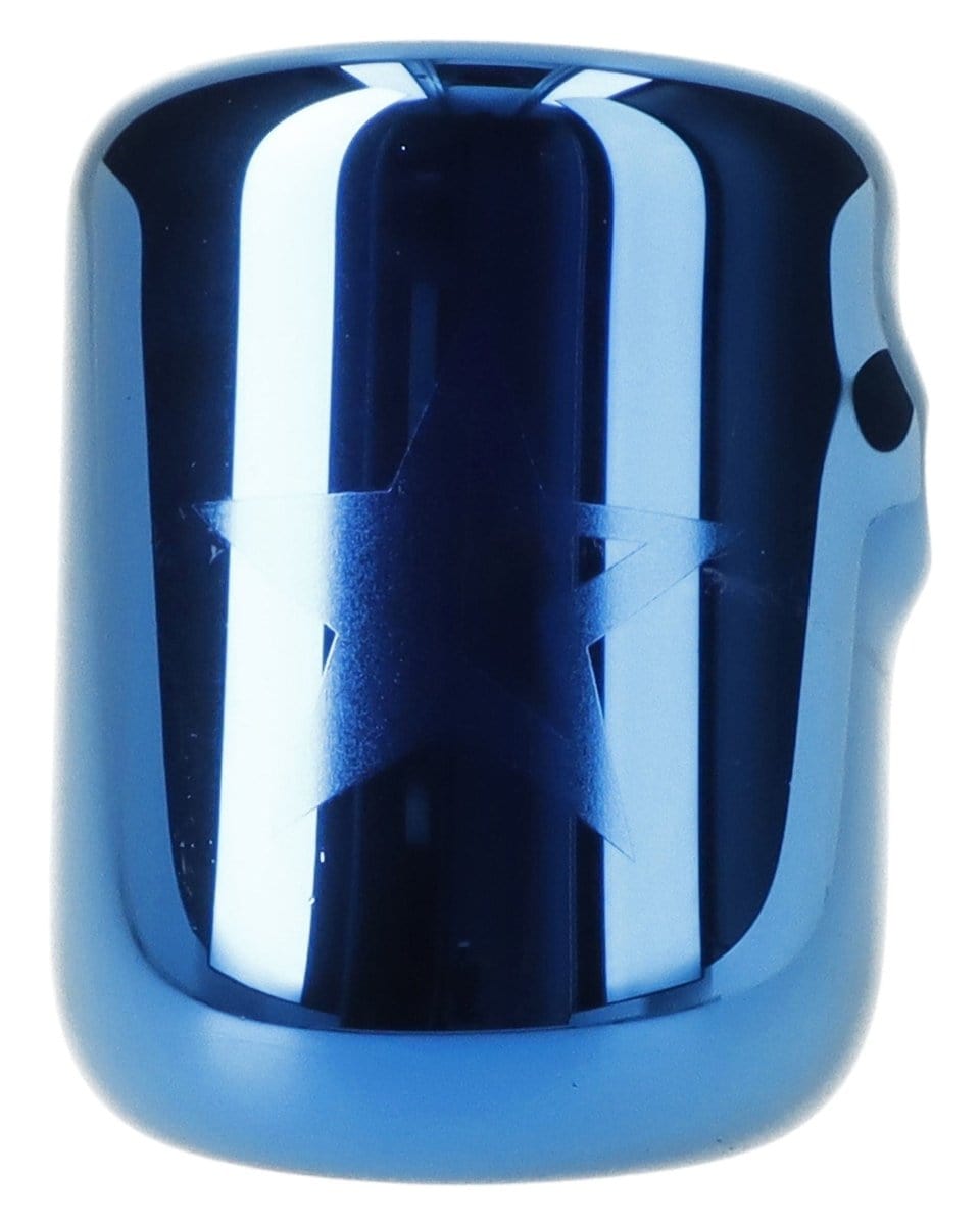Front view of the Famous X 4" Sapphire Fumed Hammer Pipe, showing its dark blue glass and curved form.