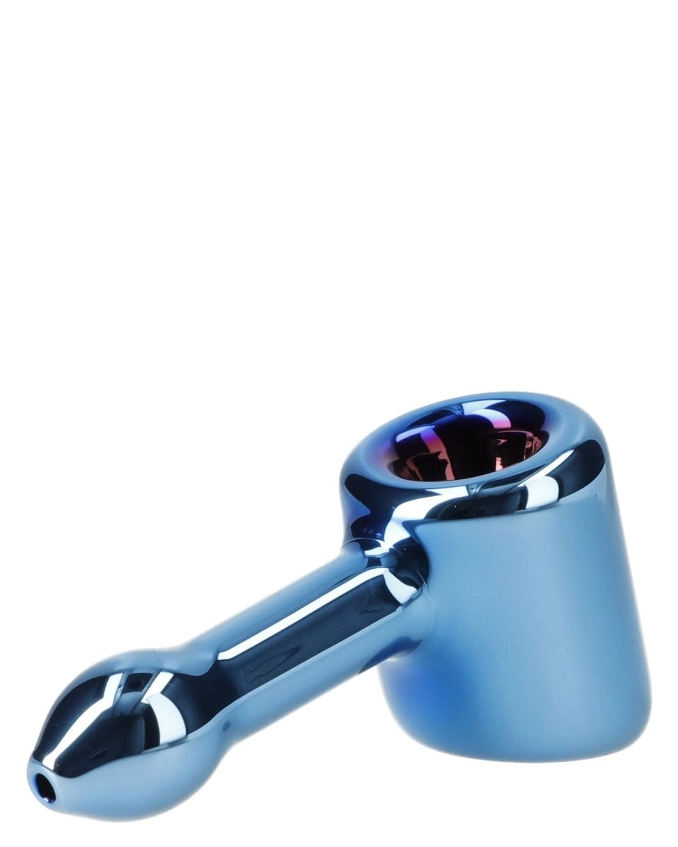 A side view of the Famous X 4" Sapphire Fumed Hammer Pipe, showcasing its curved form and rich blue coloration.