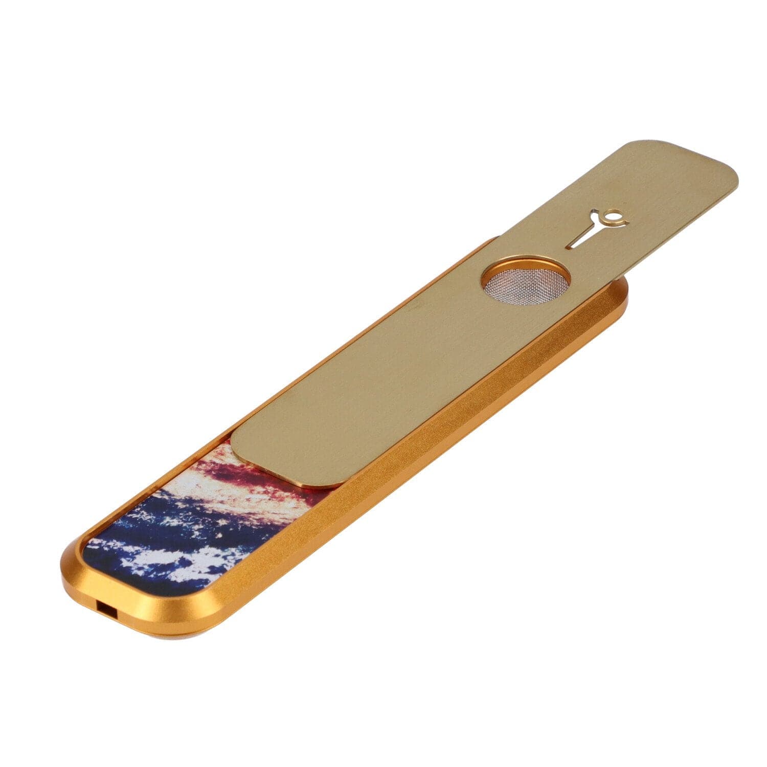 A close-up, angled view of the Galaxy 6” Genius Hand Pipe, showcasing its metallic finish and compact design.