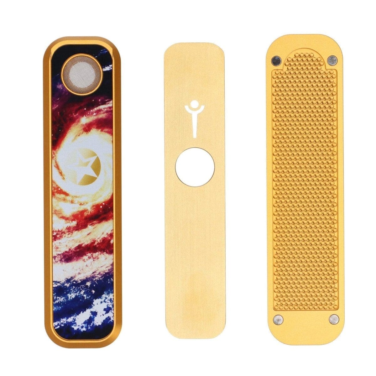 Front view of the “Galaxy 6” Genius Hand Pipe with a golden finish, displaying a cosmic nebula pattern.