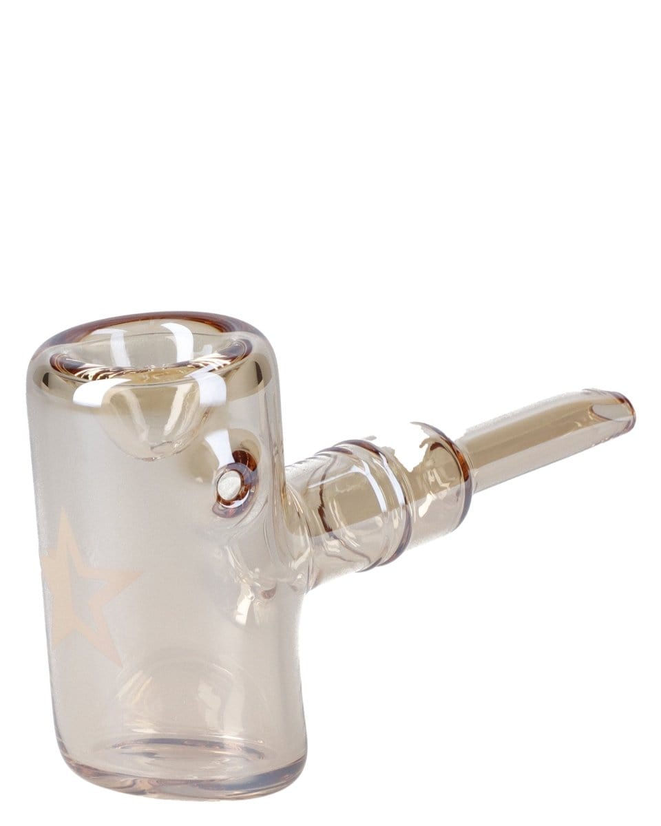 A side view of the Gold Famous X Fumed Large Sherlock Pipe, showcasing its curved shape and subtle fume detailing in clear glass.