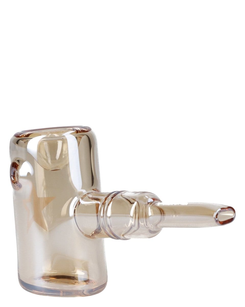 A side view of the Gold Famous X Fumed Large Sherlock Pipe, displaying the curved stem and smoky glass finish.