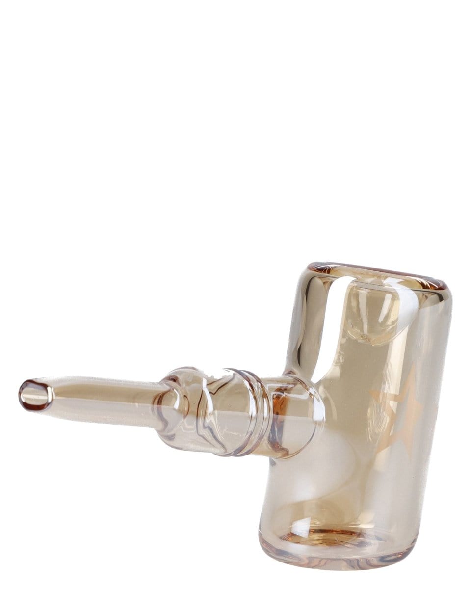 A side view of the Gold Famous X Fumed Large Sherlock Pipe, showing its curved shape and subtle fume detailing in clear glass.