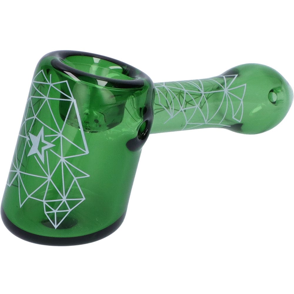 Front view of the Space 5” Hammer Pipe, a green glass pipe with a geometric pattern and a curved mouthpiece.