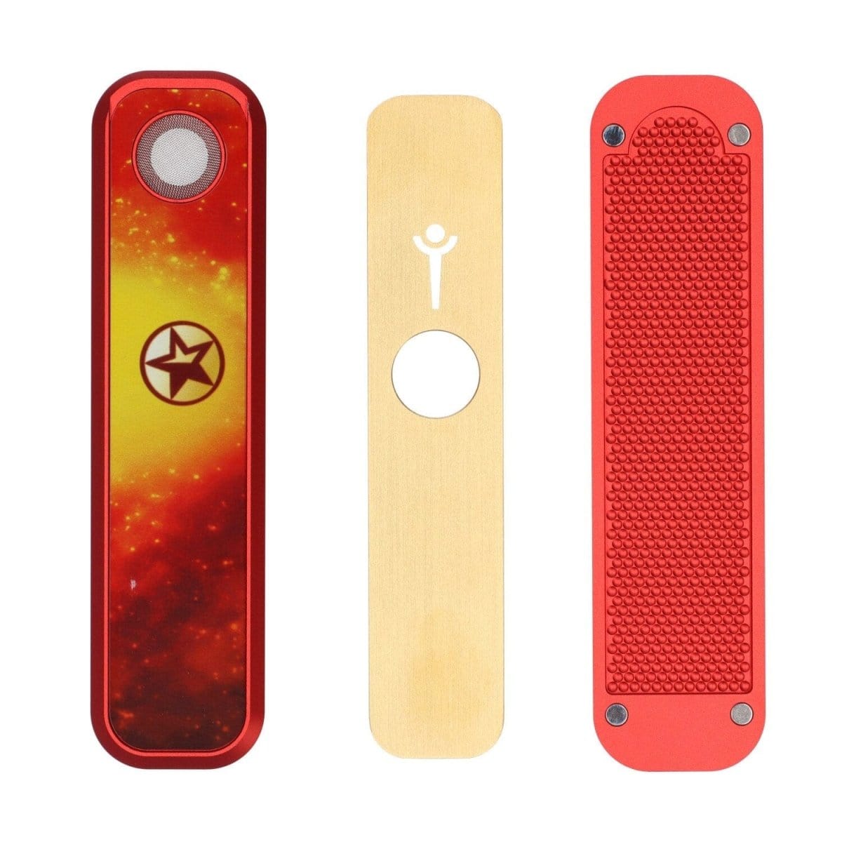 Front view of the Nebula 6" Genius Hand Pipe, showcasing its red and black speckled design against a white background.