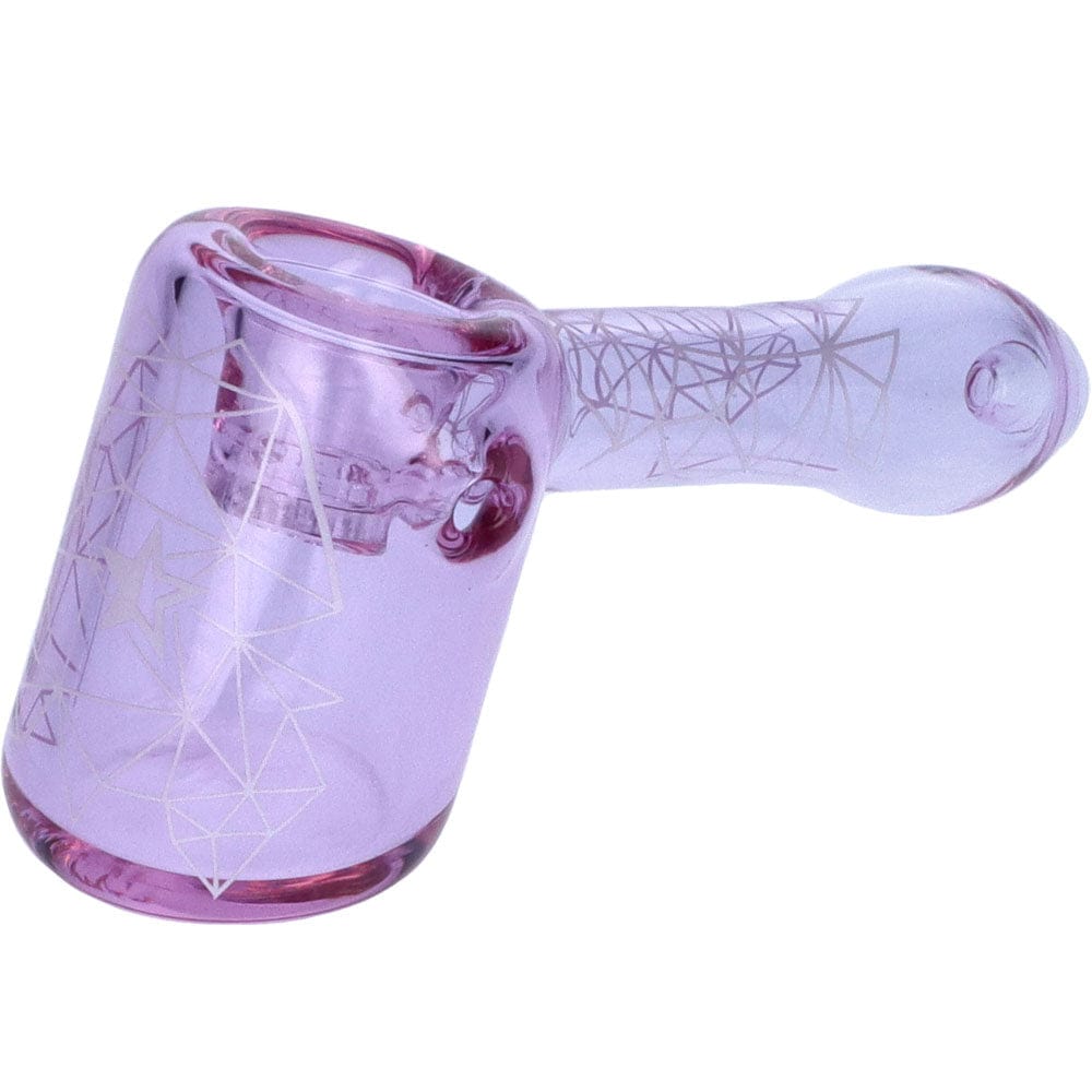 A three-quarter view of the Space 5” Hammer Pipe, displaying its patterned, purple-tinted glass construction.