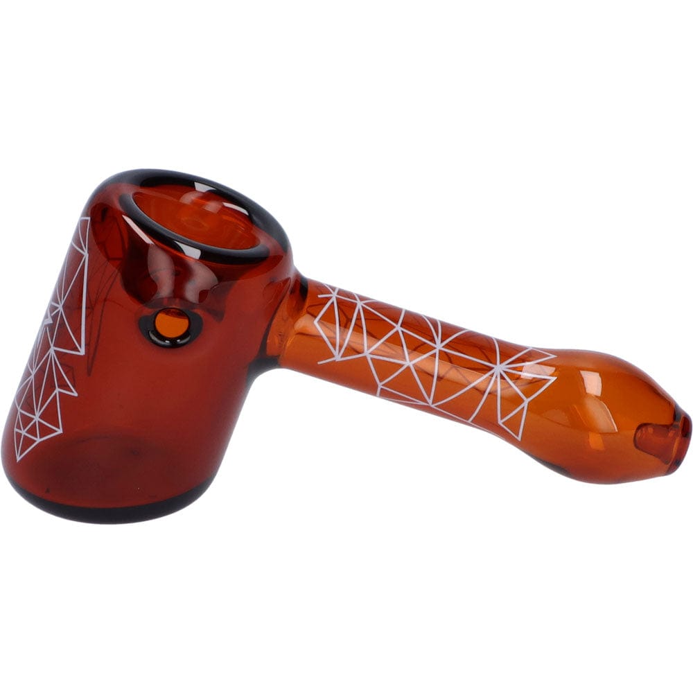 A side view of the Space 5” Hammer Pipe, showing the curved brown glass design with etched geometric patterns.