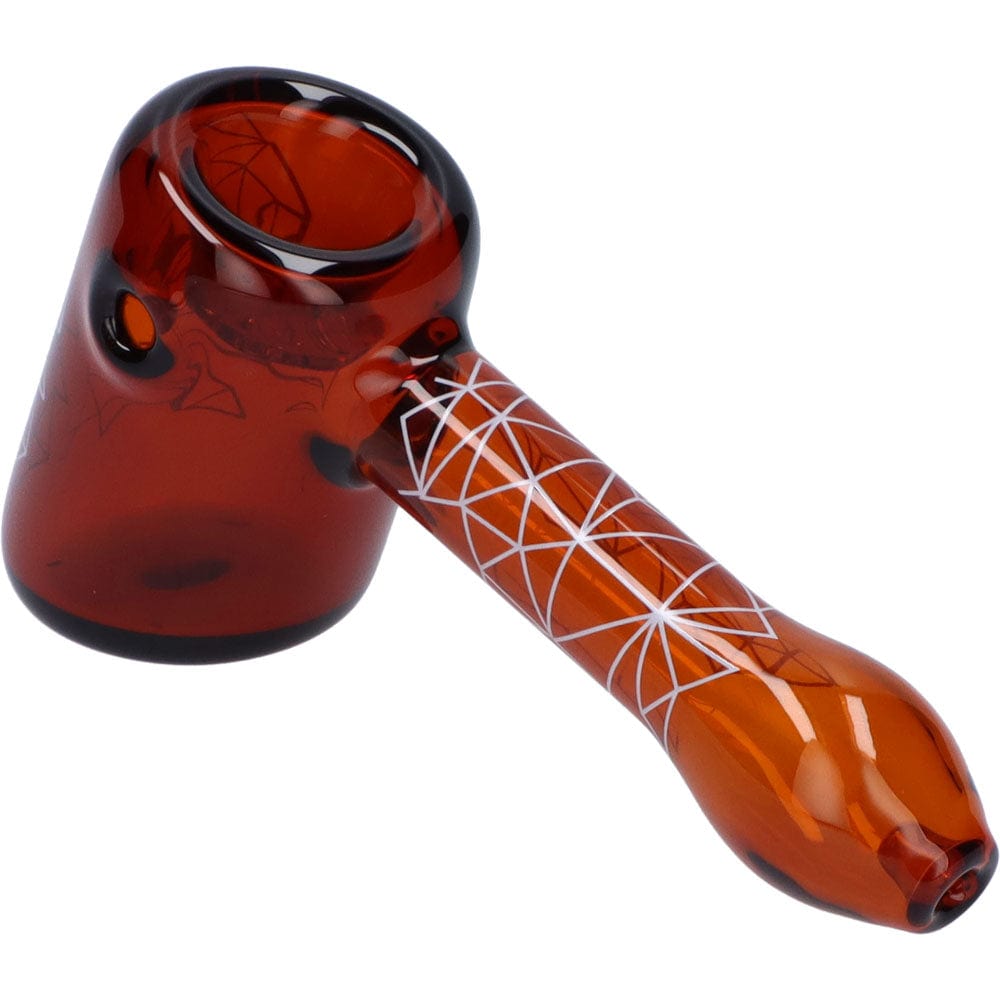 A close-up, angled view of the Space 5” Hammer Pipe in brown glass, featuring a textured, patterned design.