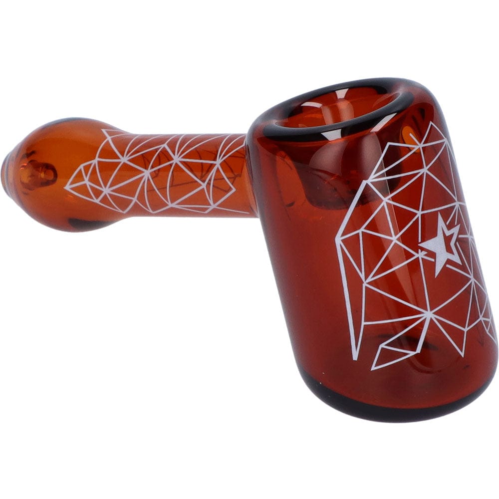 A studio shot of the Space 5” Hammer Pipe in brown glass, featuring a geometric pattern and a side-mounted bowl.