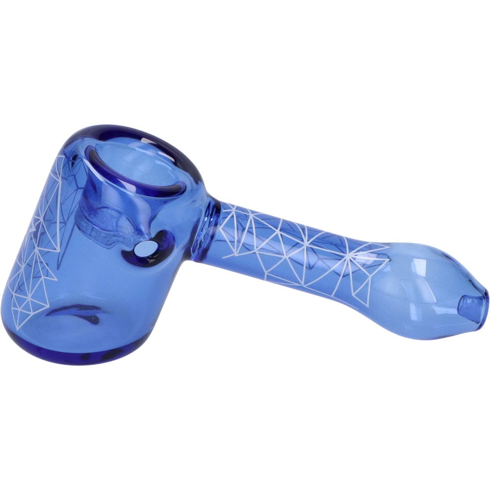 Front view of the Space 5” Hammer Pipe, a blue glass pipe with a geometric pattern, angled against a plain white background.