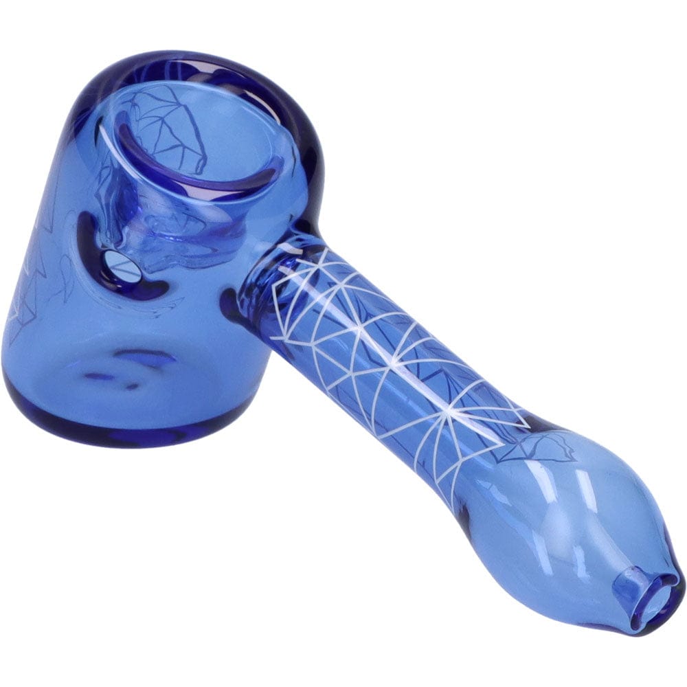 A front view of the Space 5” Hammer Pipe, showcasing the blue glass and rounded form of the pipe.