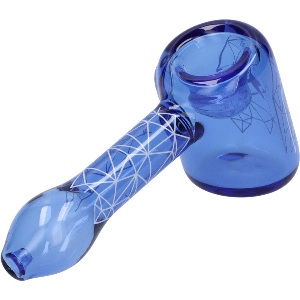 A side view of the Space 5” Hammer Pipe, featuring a blue glass body with visible geometric patterns.