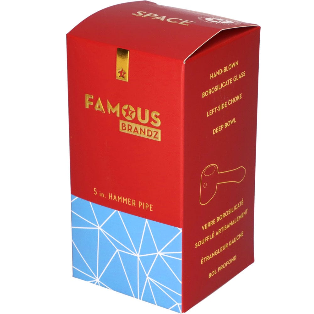 Front view of the Space 5” Hammer Pipe, a clear glass pipe with a branded label, set against a plain dark background.