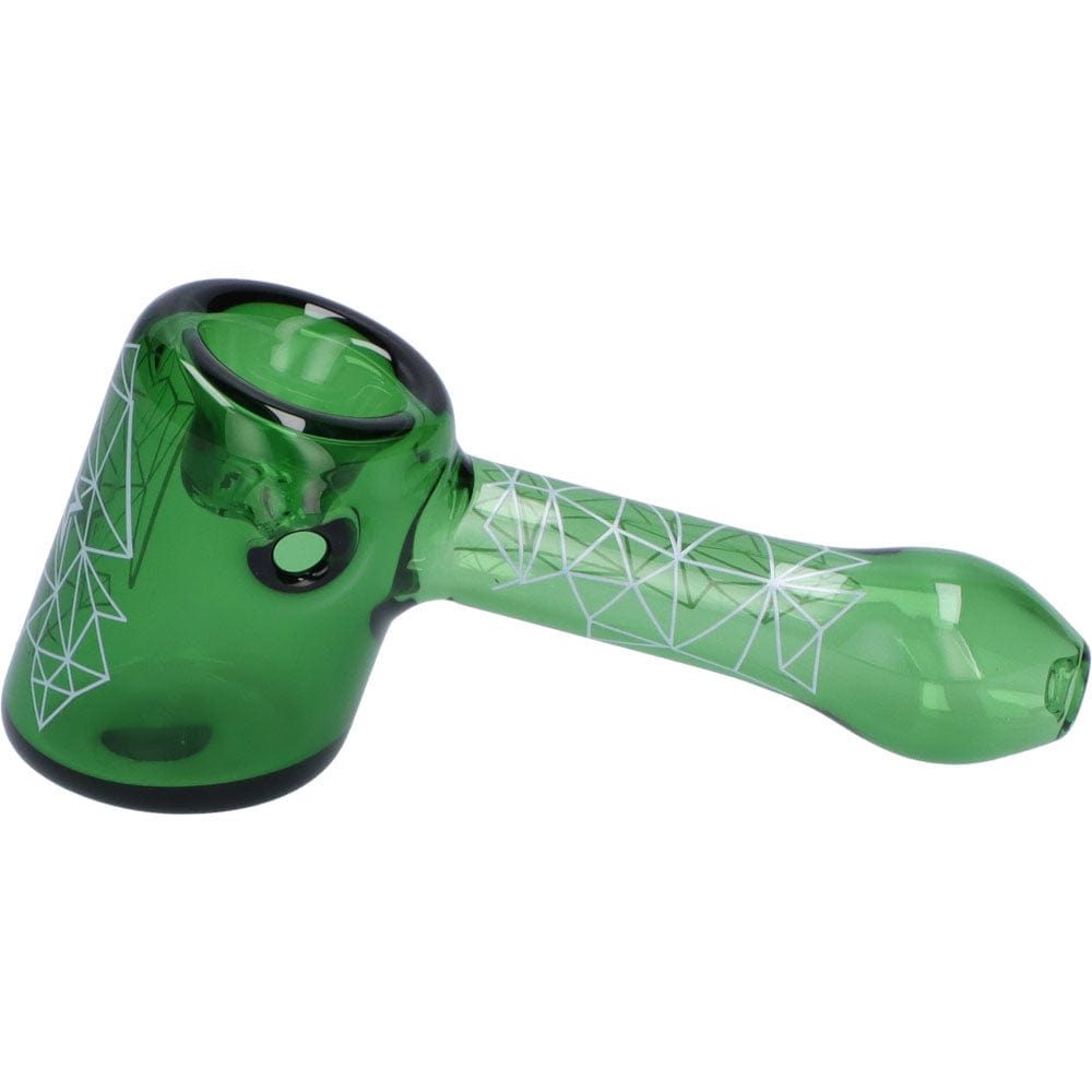 A studio shot of the Space 5” Hammer Pipe in green glass, viewed from a slight angle with visible geometric patterning.