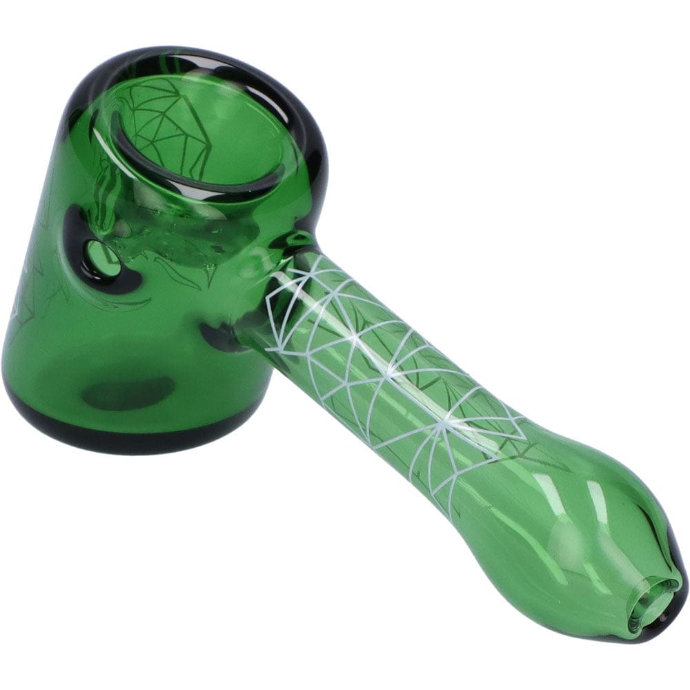 A front view of the Space 5” Hammer Pipe, showing the green glass with textured details and a curved design.