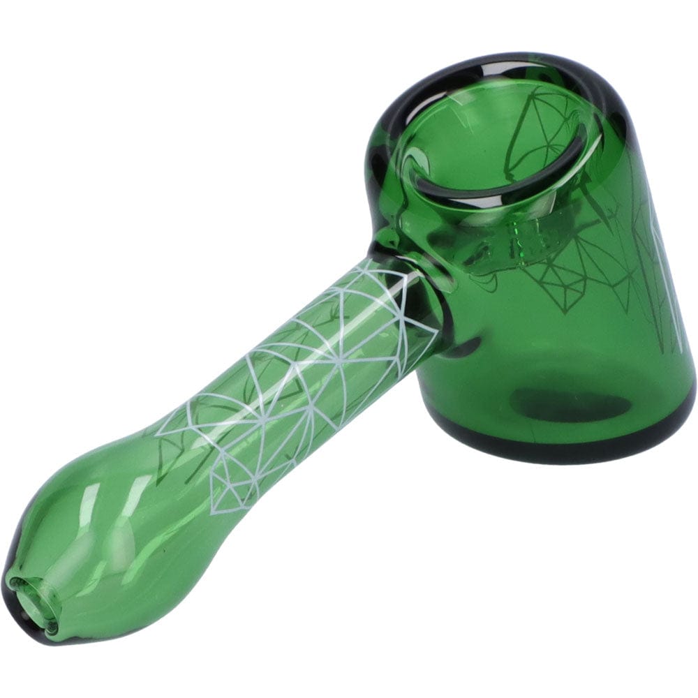 A studio shot of the Space 5” Hammer Pipe in green glass, displaying a geometric pattern and a unique hammer shape.