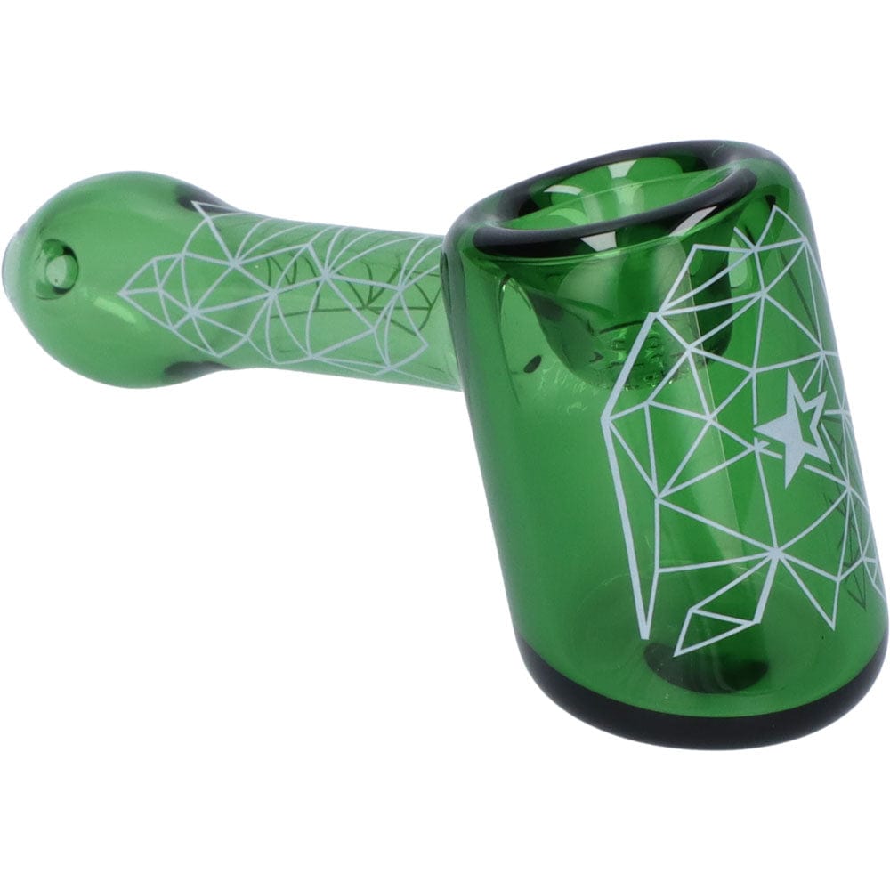 A close-up, angled view of the Space 5” Hammer Pipe, showcasing its green glass with etched geometric details.