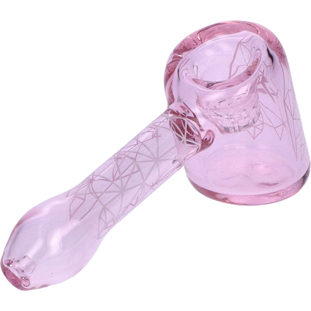 A slightly angled view of the Space 5” Hammer Pipe, featuring textured glass and a curved design.