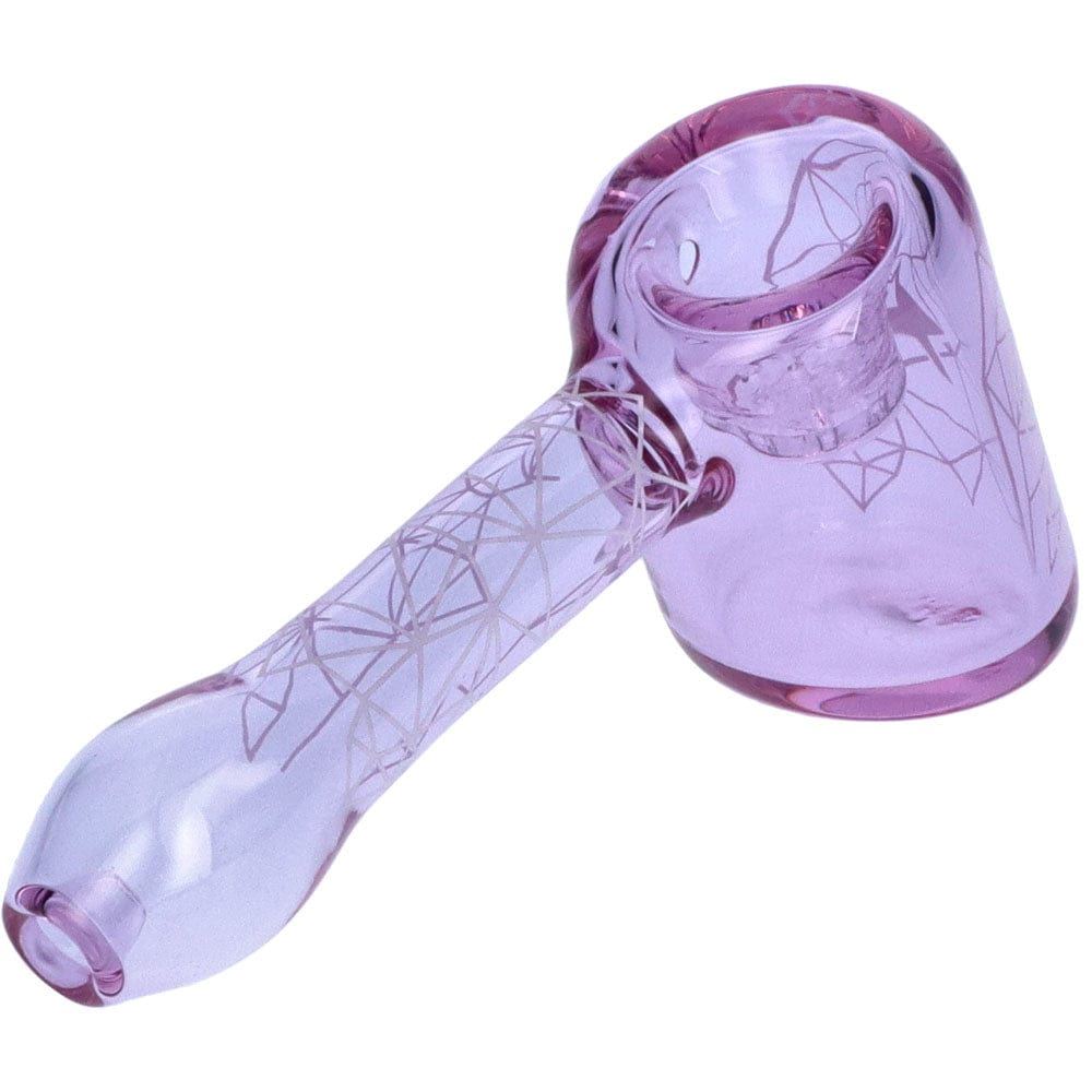 A side view of the Space 5” Hammer Pipe in lavender glass, featuring a textured pattern and simple, curved design.