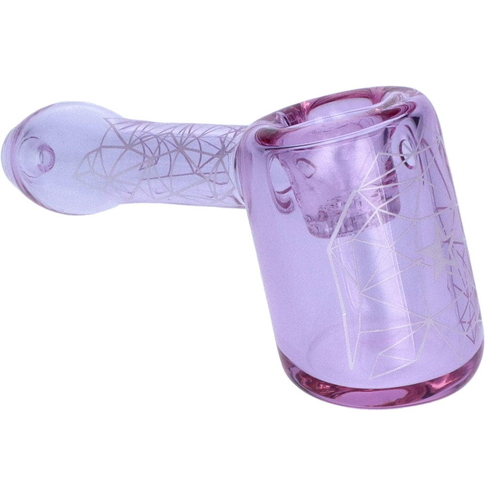 A studio shot of the Space 5” Hammer Pipe in translucent purple glass, viewed from a slight angle.