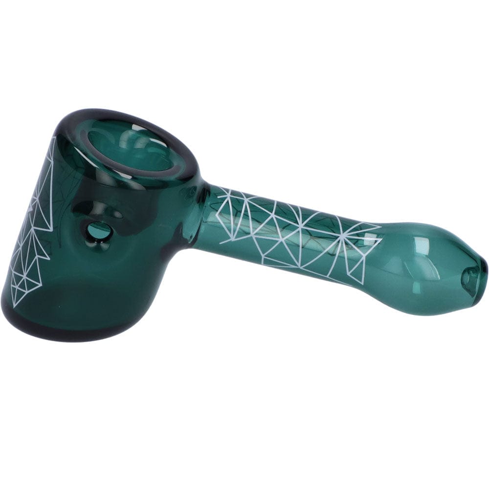 Front view of the Space 5” Hammer Pipe, a green glass pipe with geometric patterns visible along its curved neck.