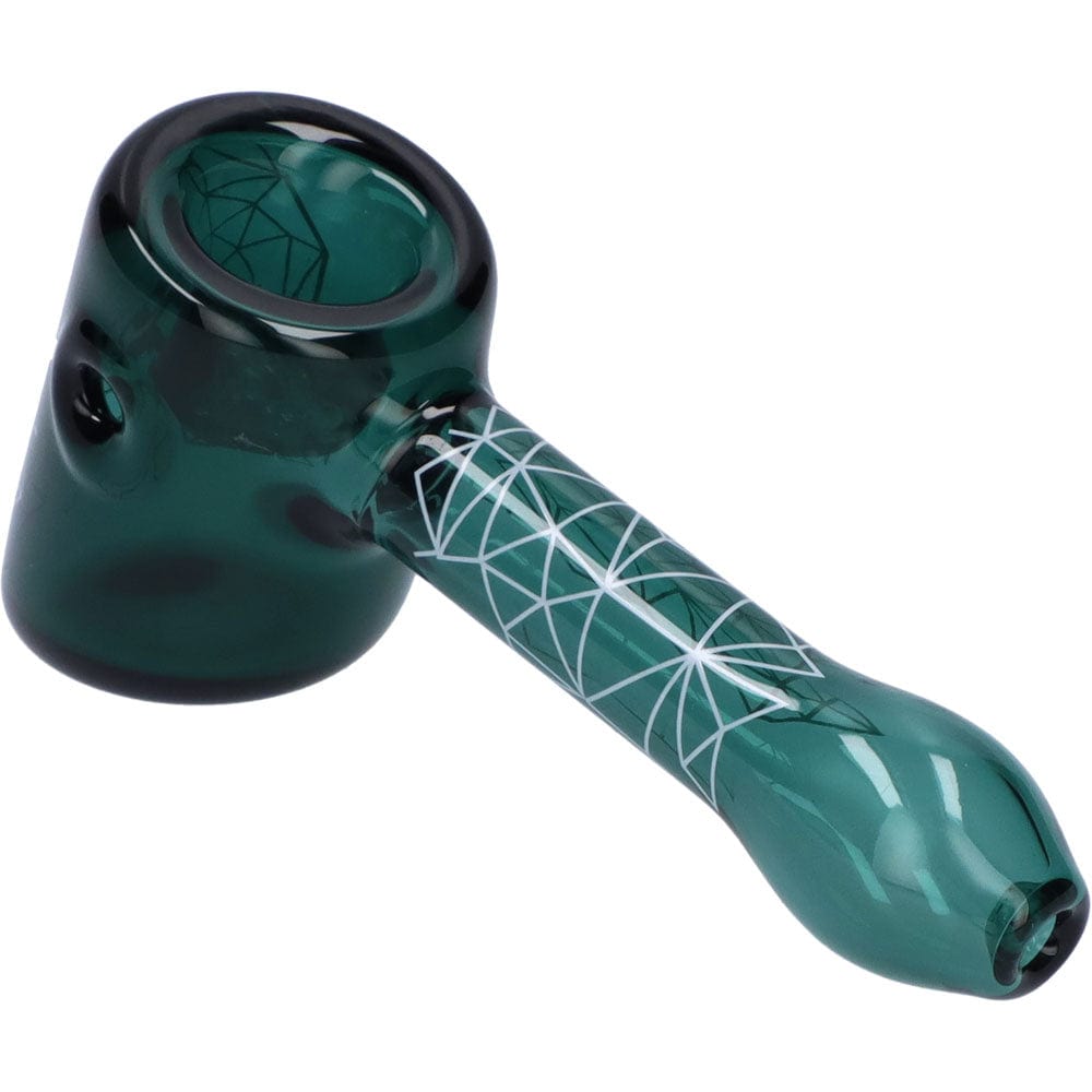 A close-up shot of the Space 5” Hammer Pipe, showing the green glass pipe with a unique, patterned design.