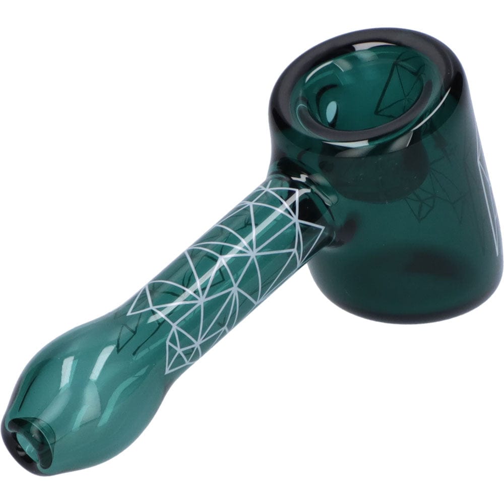 Front view of the Space 5” Hammer Pipe, a green glass pipe with a geometric pattern etched along its curved neck.