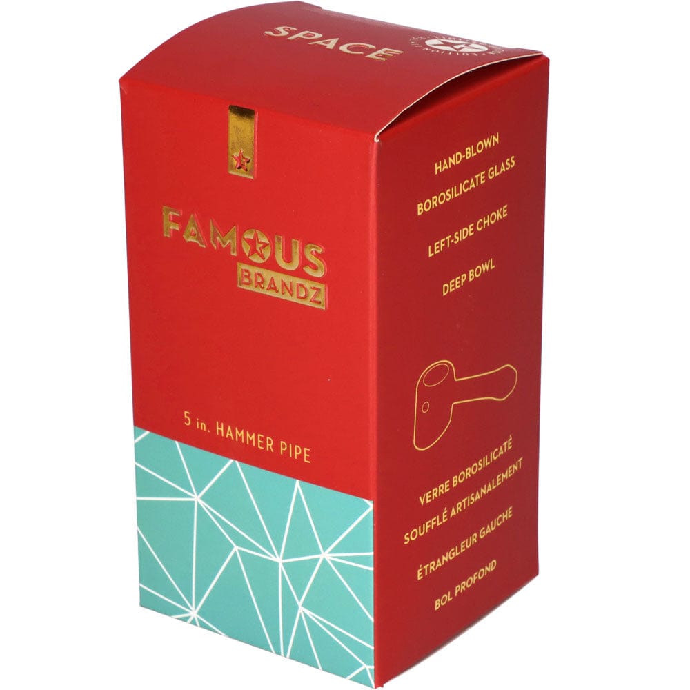 A close-up shot of the Space 5” Hammer Pipe, showcasing its sleek glass design against a dark background.